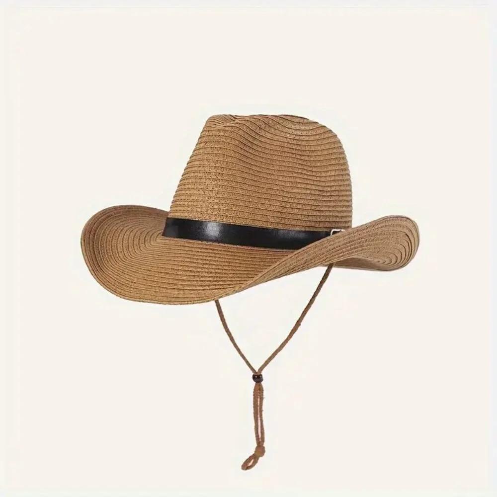 Western Wide Brim Straw Hat (Color: Khaki)